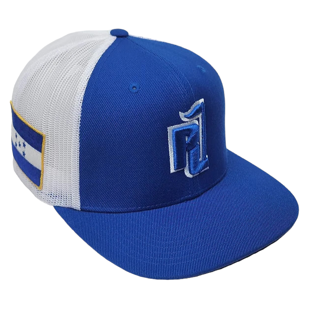 Raza Golf royal blue and white trucker hat with Honduras Flag patch