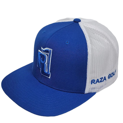 Raza Golf royal blue and white trucker hat with Honduras Flag patch