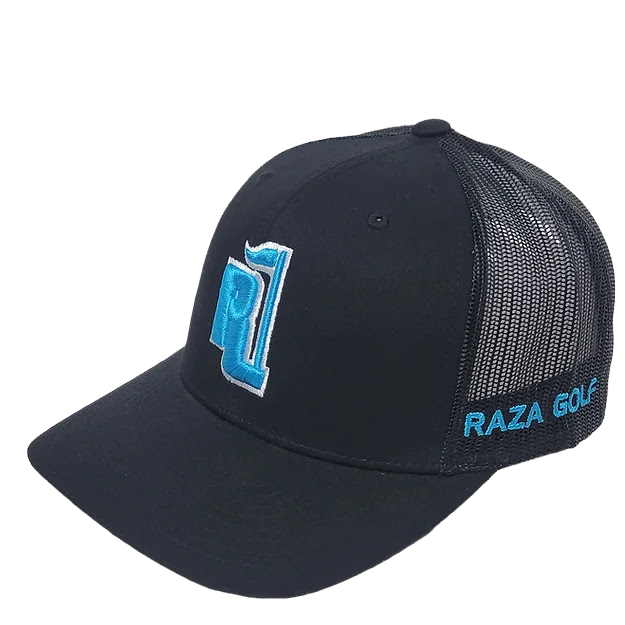 Raza Golf Black Trucker with Teal Blue and White Logo