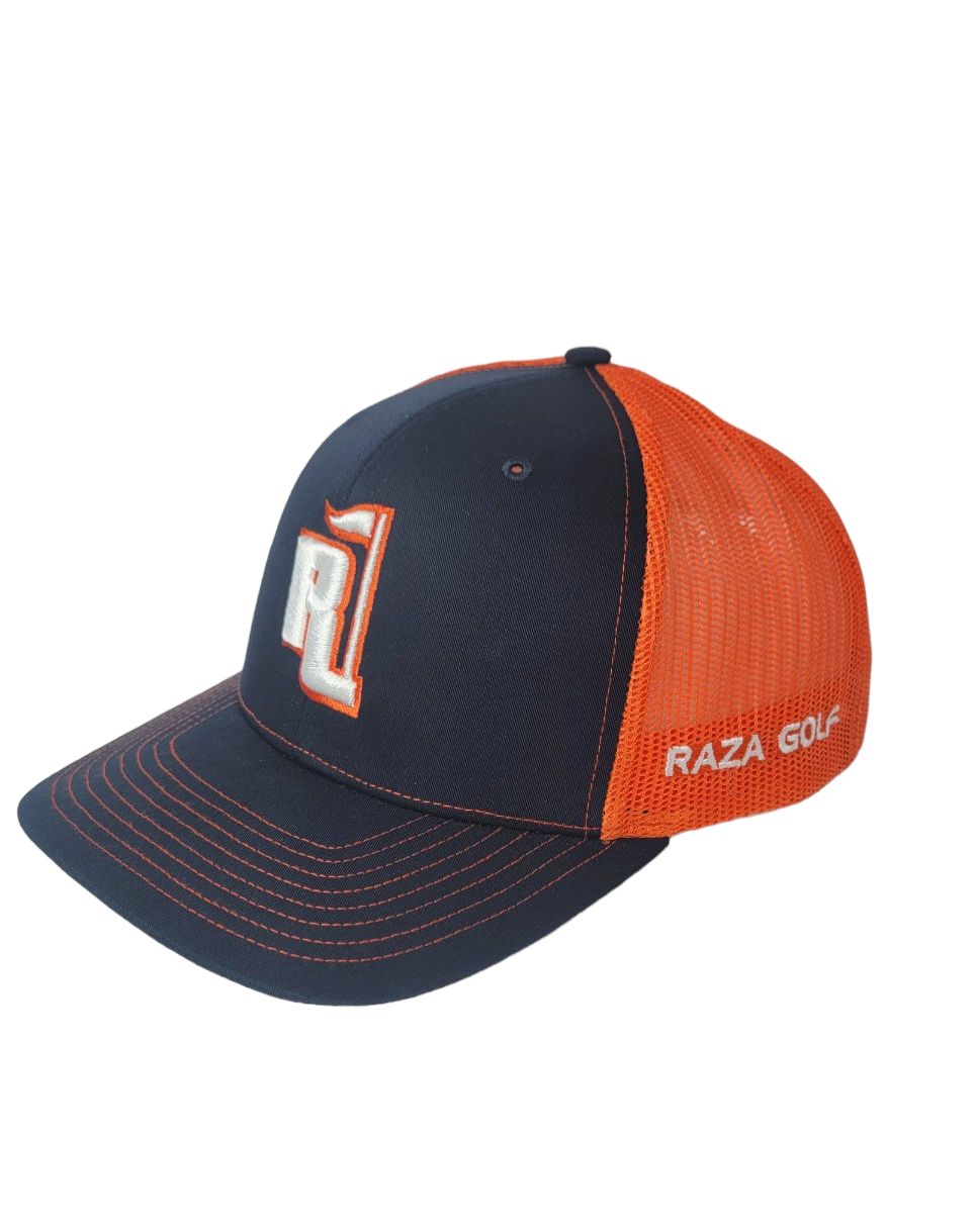Raza Golf Navy and Orange Trucker with White and Orange Logo