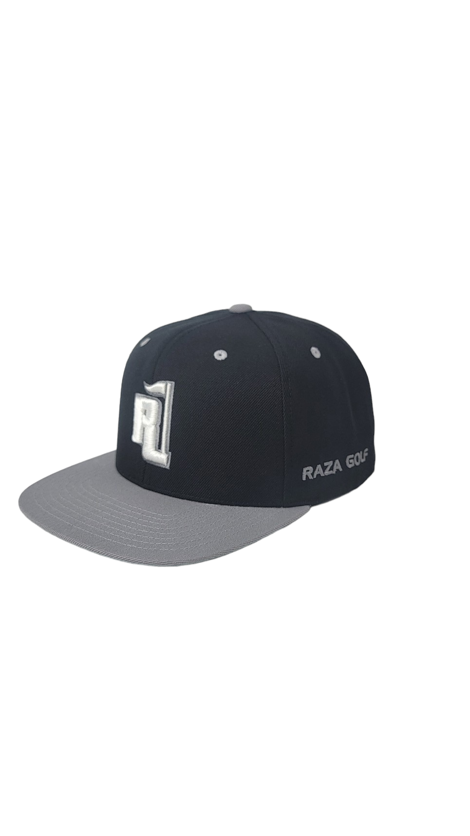 Raza Golf Black and Silver snapback with white and silver logo