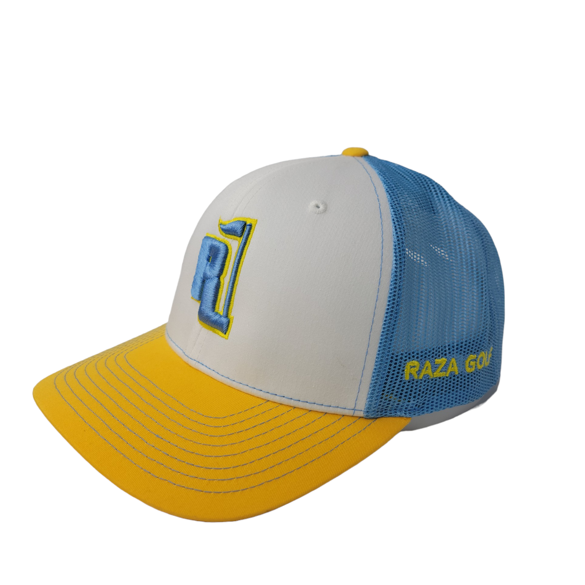 Raza Golf White and Blue Trucker with Baby Blue and Yellow Logo