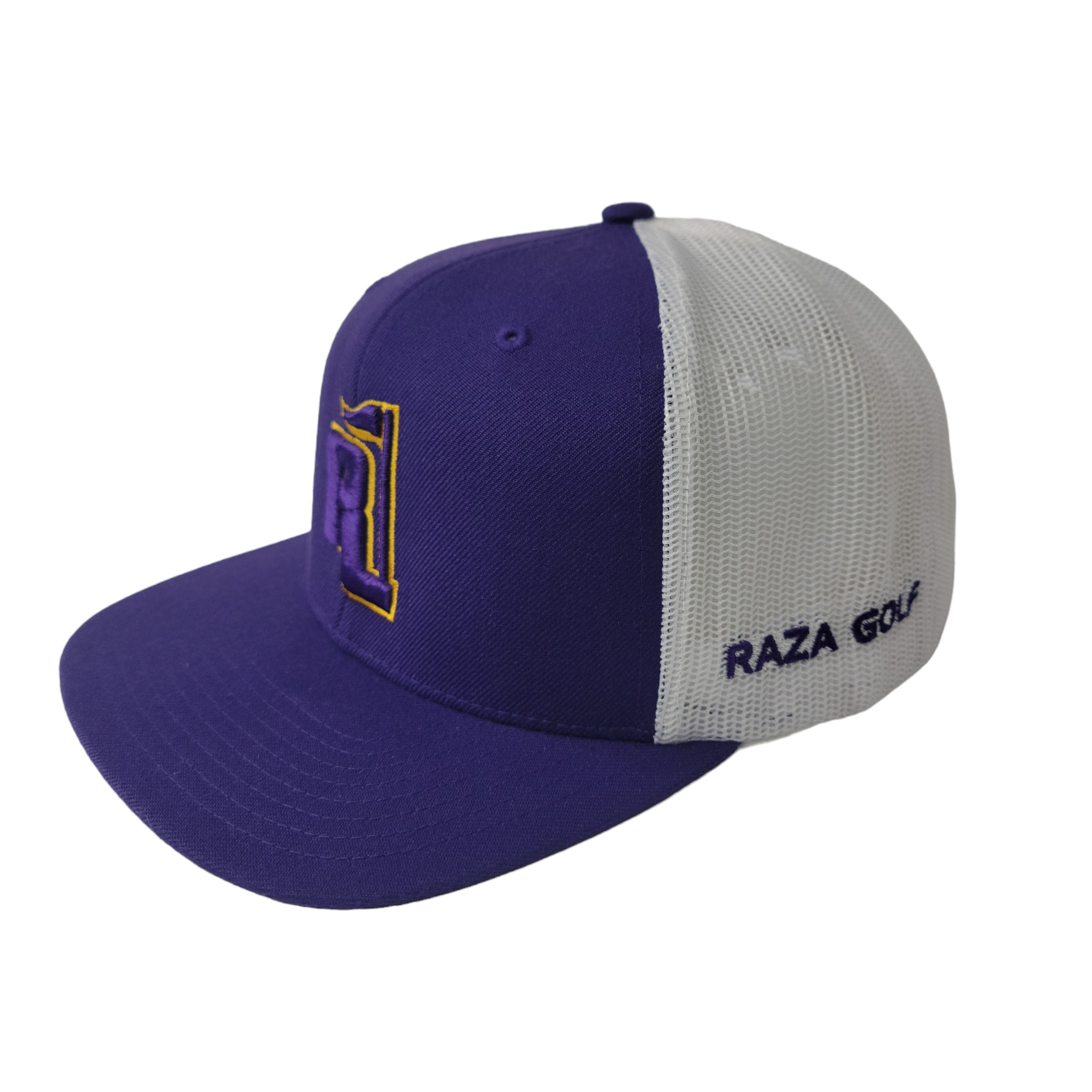 Raza Golf Purple and White Trucker with Purple and Gold Logo