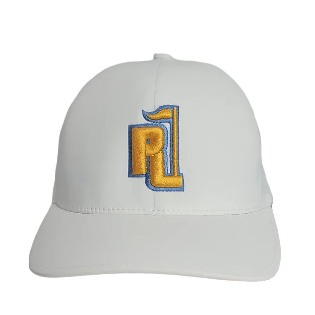 Raza Golf White Fitted Hat with Yellow and Light Blue Logo