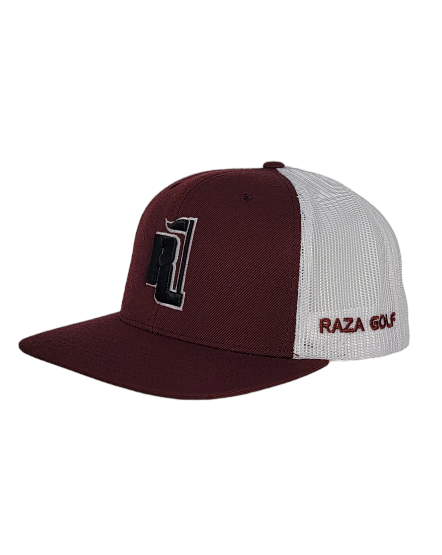 Raza Golf burgundy and white trucker hat